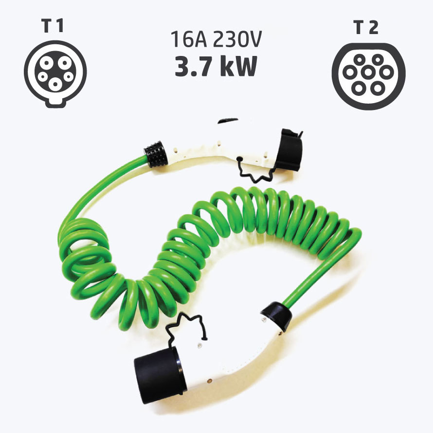 Câble de recharge pour voiture électrique - Type 1 côté véhicule, Type 2  côté station, 230V, 16A - Spiral - e-Station Store