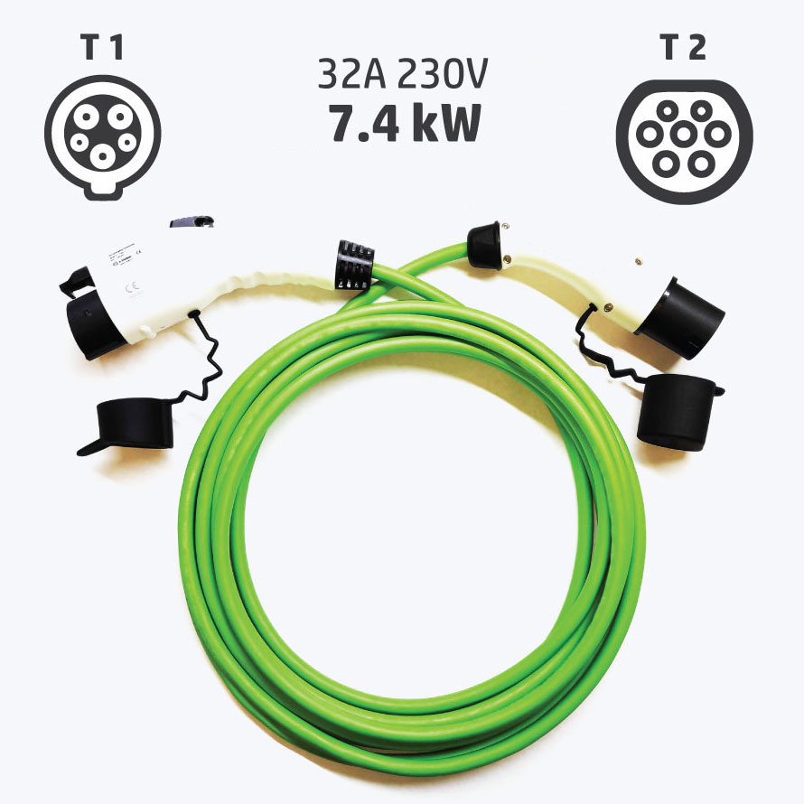 Câble de charge pour véhicule électrique (7,4kW - Type 2 vers Type 1)