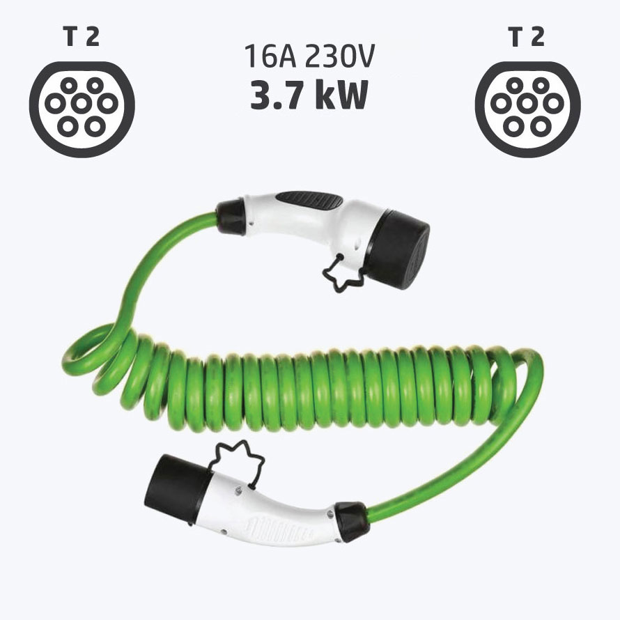 Câble de recharge pour voiture électrique - Type 2 côté véhicule, Type 2  côté station, 230V, 16A - Spiral - e-Station Store